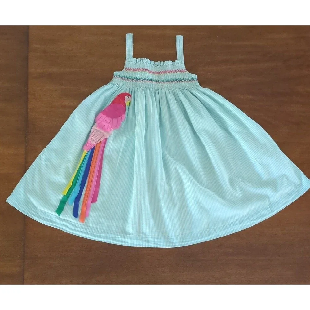 Mini Boden Girls Fun Appliqué Sun Dress Aqua Blue Ticking Parrot size 7/8 GUC